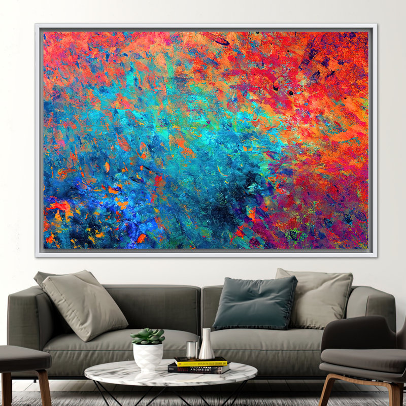 Vivid Abstract Wall Art: Modern Canvas Print in Vibrant Orange and Red Tones, White Floater Frame, 80cm H x 110cm W