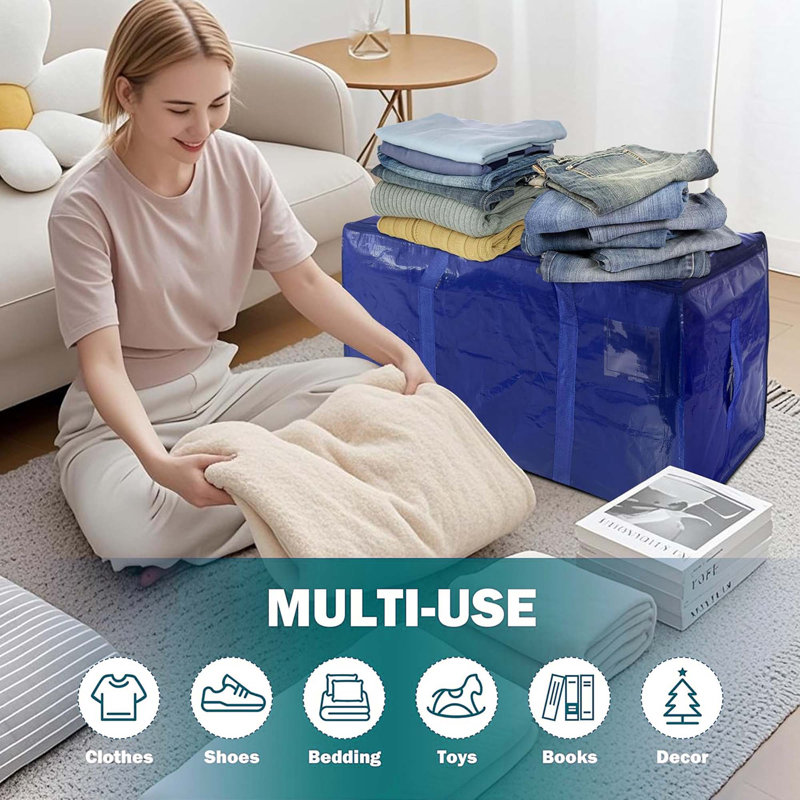 8 Pack 24 Gal Large Moving Bags With Zipper And Carry Handles, Reusable Storage Totes For Clothes, Dark Blue