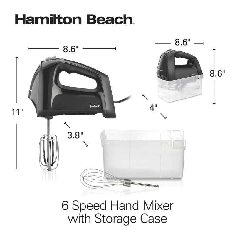 Hamilton Beach 6 Speed Hand Mixer With Quickburst, Includes Snap-On Storage Case And 3 Attachments, Black, 62690