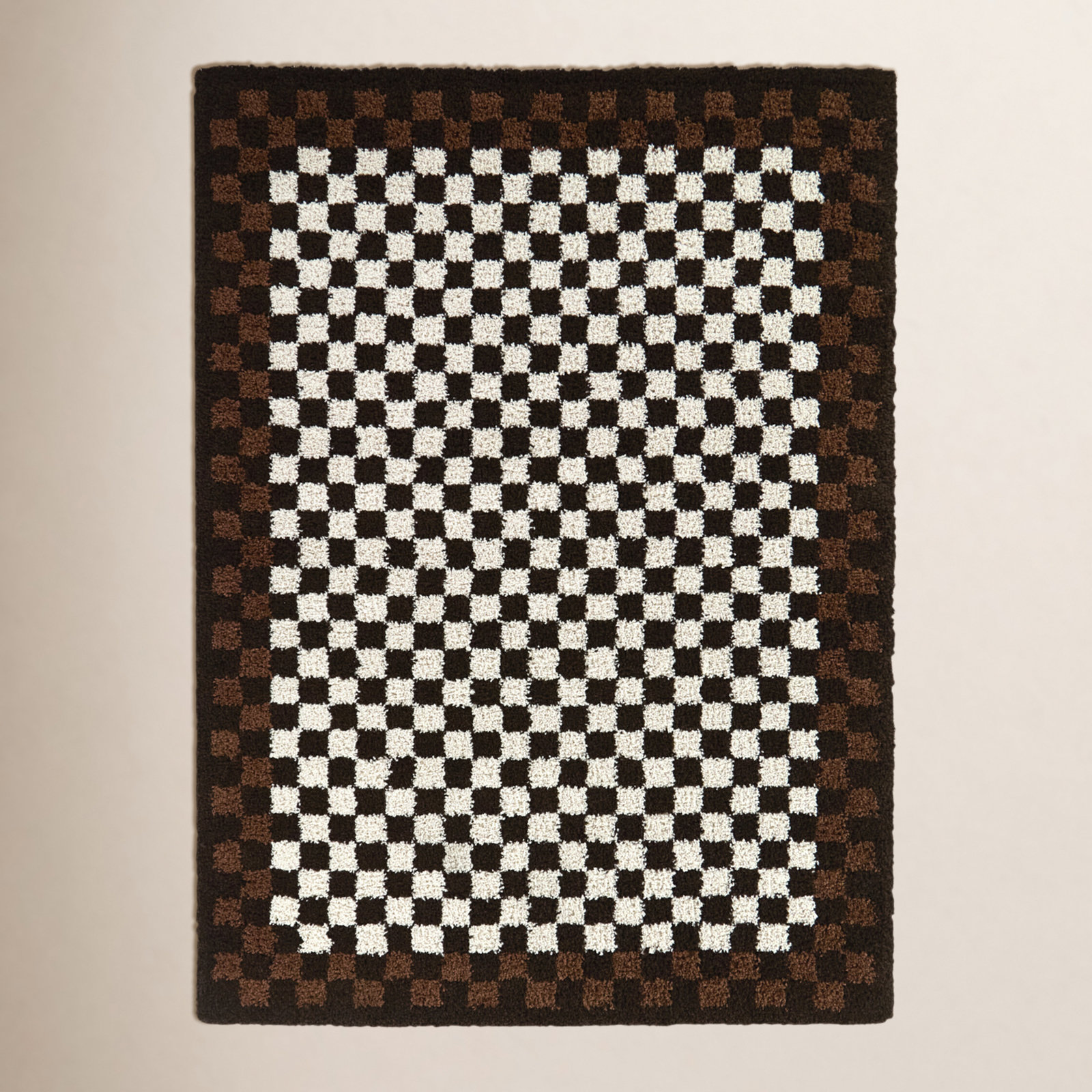 Joshuah Brown Cream Checkered Shag Rug, Rectangle 5'3" x 6'12"