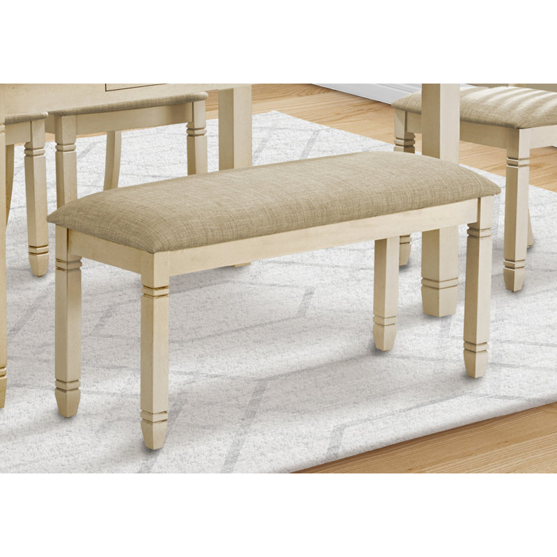 Bench, 41" Rectangular, Kitchen, Dining Room, Entryway, Bedroom, Upholstered, Wood, Antique White Solid Wood, Beige Linen-Look Fabric, Transitional
