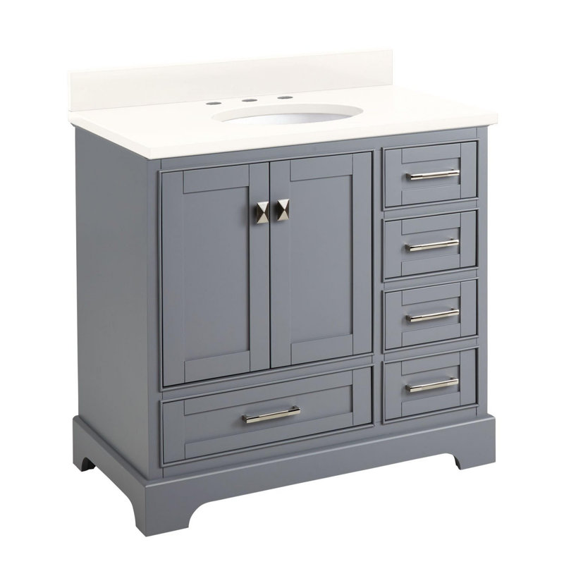 Quen 36" Freestanding Single Basin Vanity Set with Cabinet, Vanity Top, and Oval Undermount Sink, Gray, Brushed Nickel