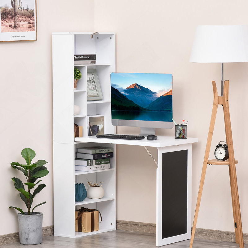 Bureau de bureau mural pliable avec tableau noir et tablette latérale, Blanc