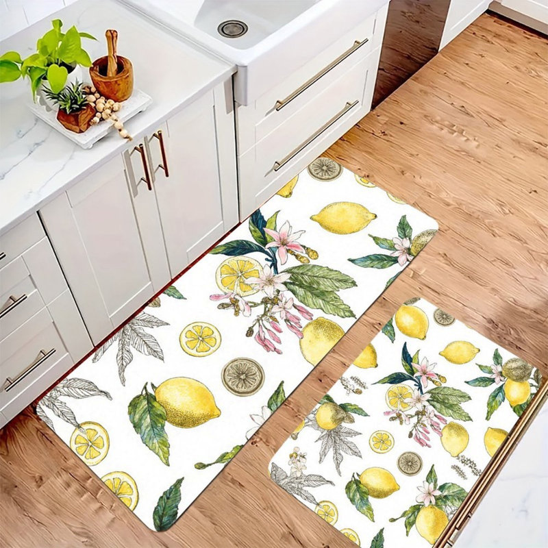 Ensemble de 2 tapis de cuisine antidérapants à motif floral citron