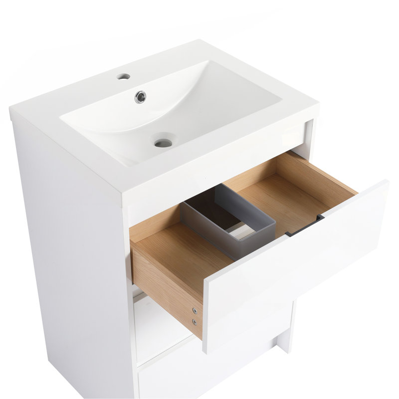 Armoire de salle de bain autoportante 24 po avec lavabo en résine, 3 tiroirs à fermeture en douceur, blanc brillant (emballage KD)
