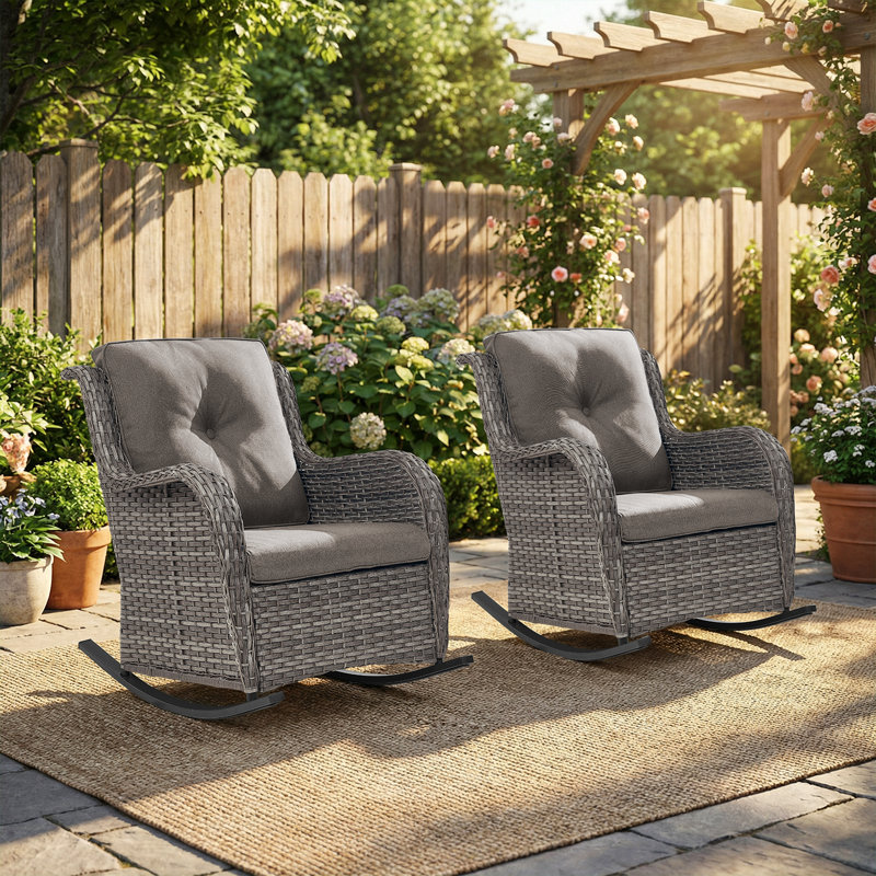 Chaise berçante d'extérieur en osier avec coussins Aralin, Gris, Gris