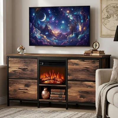 Meuble télé avec 4 tiroirs en tissu, centre de divertissement rustique avec foyer électrique, structure en métal, pour salon, 47 po / 68 po
