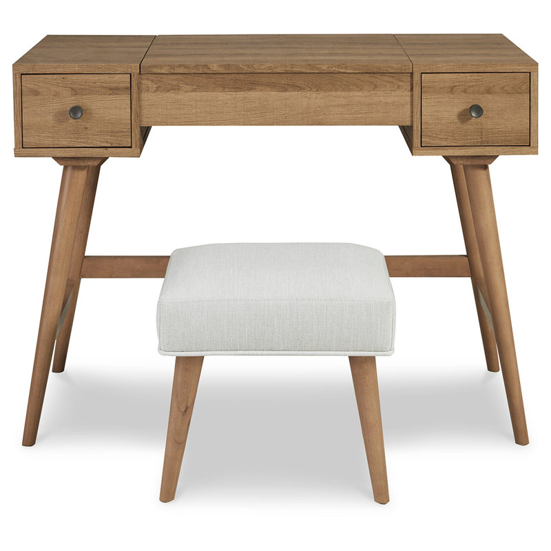 Ensemble coiffeuse avec tabouret et miroir Macaylah, Brun