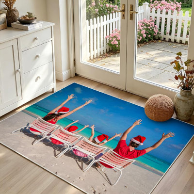 Tapis intérieur rouge lavable à la machine, motif « Famille de quatre personnes joyeuse » pour Noël