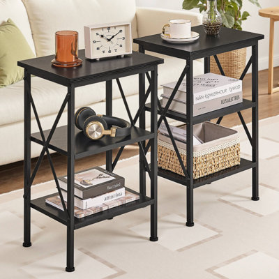 Ensemble de 2 tables de bout étroites à 3 niveaux - tables d'appoint industrielles avec tablettes de rangement pour le salon, la chambre à coucher ou le bureau