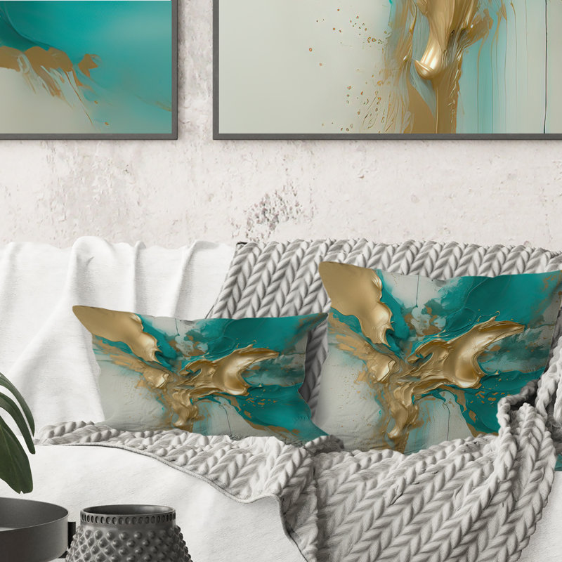 Marbre doré et turquoise Fuild Ink II - Coussin abstrait en marbre, 12" x 20", Rectangulaire