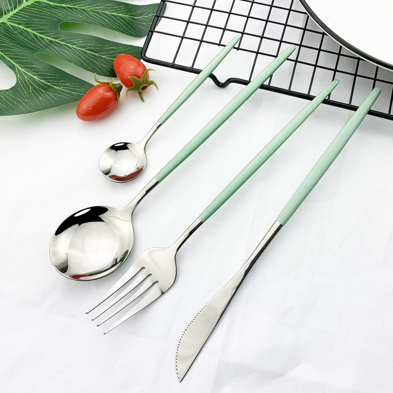 Flatware Serving Set 24 Piece, Green Silver