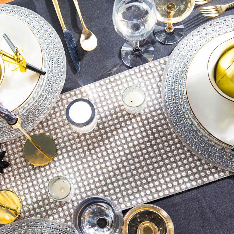 Sparkles Home Montaigne Pearl Table Runner | Faux Pearl Rhinestone Velvet Dining Décor 13-Inch, 90" L