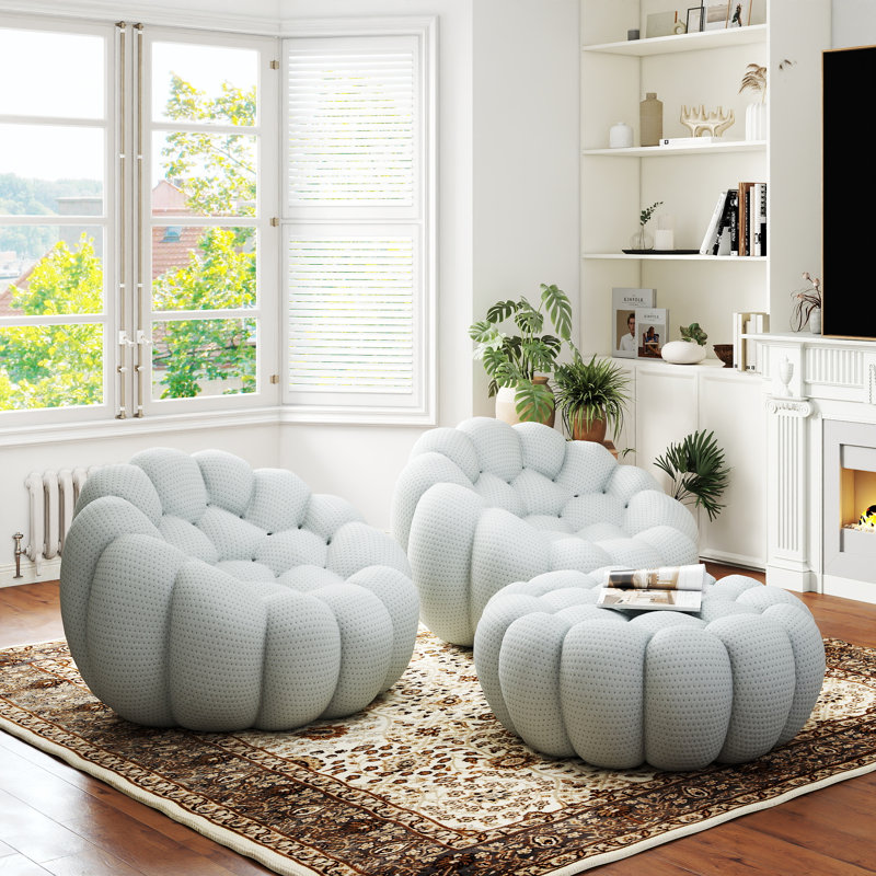 Kayi 48.43" Upholstered Pumpkin-shaped Club Accent Compression Chair With Ottoman(set Of 2), No Assembly Required, Light Gray