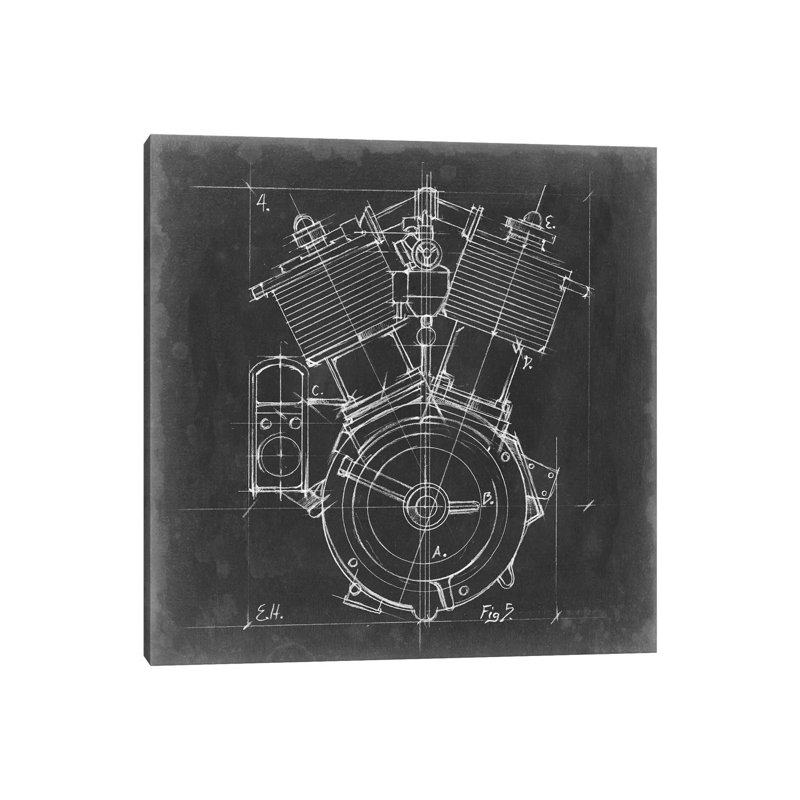 "Moto Engine Blueprint IV" par Ethan Harper, reproduction d’art, H 26 po x l 26 po x P 1,5 po, Toile tendue, Pas de tapis