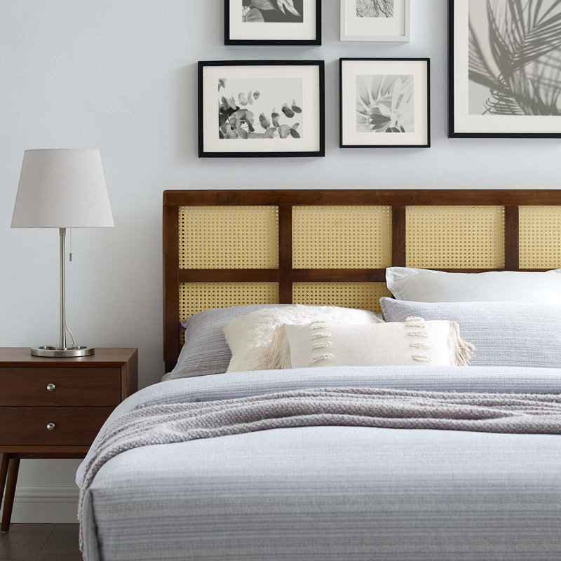 Luana Cane Full Headboard in Walnut Wood with Woven Rattan