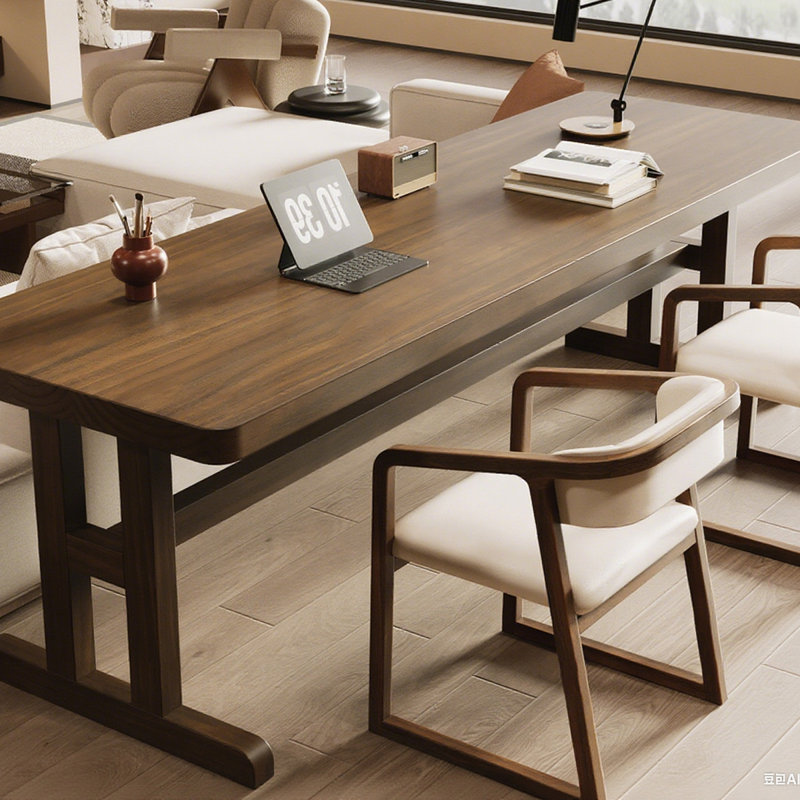 Bureau d'écriture rectangulaire en bois massif brun noisette, H 29,53 po x l 86,61 po x P 27,56 po