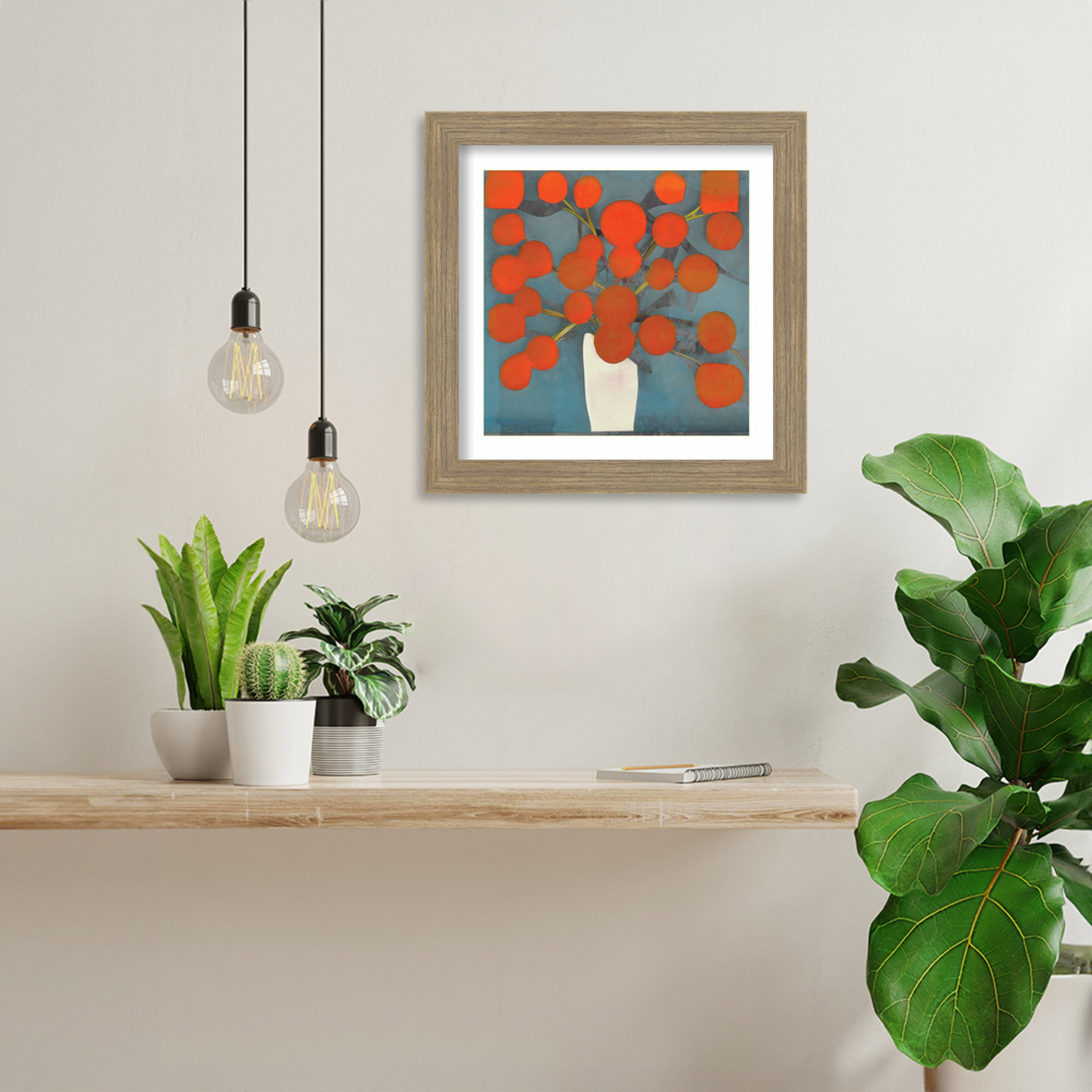 Abstract Orange Flowers by Elena Ray Wood Framed Wall Art Print, 14" H x 14" W, Brown