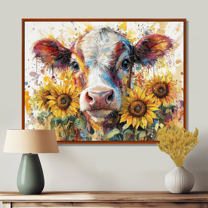 Vache, peinture avec tournesols I - vache, art mural, H 12 po x l 20 po, Cadre flottant, Brun