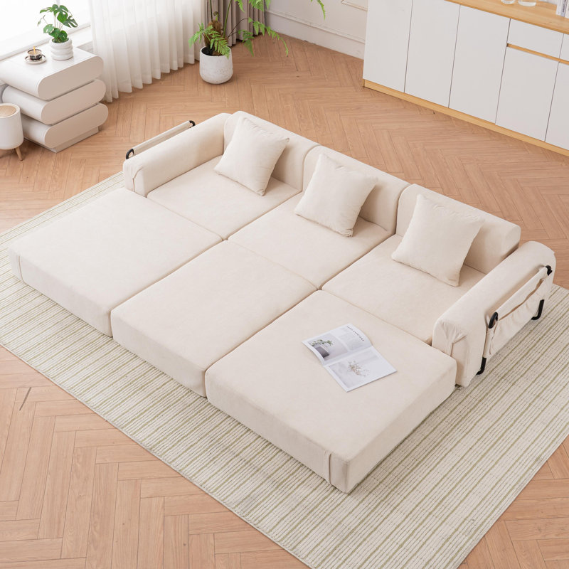 98.8" Modular Sleeper Sofa Bed Compression Foam Sofa Foldable Floor Couch With Side Pockets And 3 Pillows - No Assembly Required