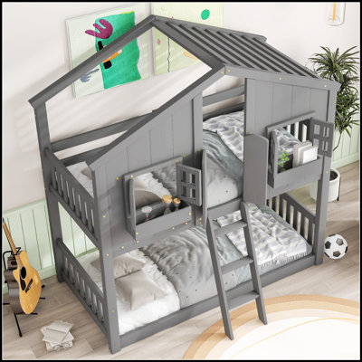Over House Bunk Bed with Roof Window, Box Door, Safety Guardrails, and Ladder for Kids' Imagination and Safety