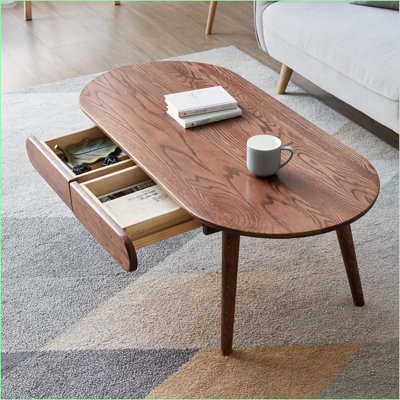 Solid Natural Oak Modern Oval Coffee Table with 2 Drawers, Easy Assembly, 47”W x 22”D x 17”H