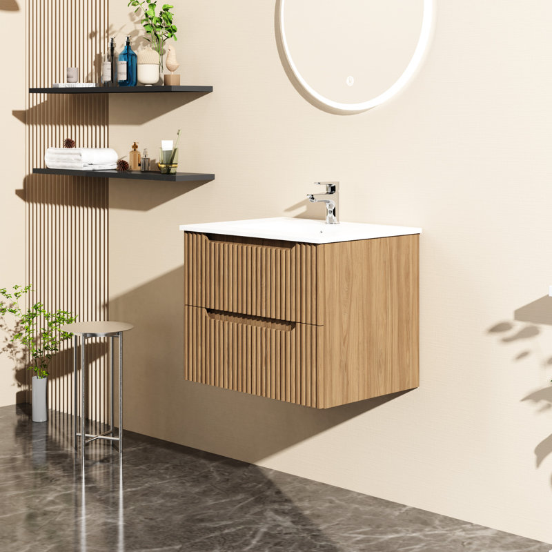 Meuble-lavabo de 24 po avec deux grands tiroirs en noyer, remplissable, glissières à fermeture en douceur, en forme de U pour drain, tiroirs en noyer de style Mid-Century contemporain et classique