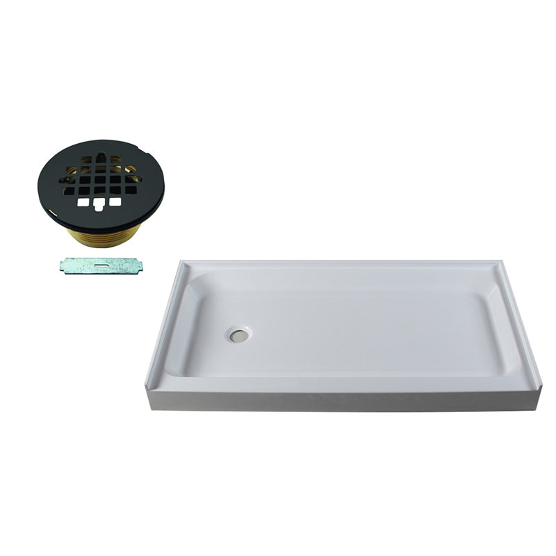 Matte Black Acrylic Rectangular Alcove Shower Pan with Brass Drain