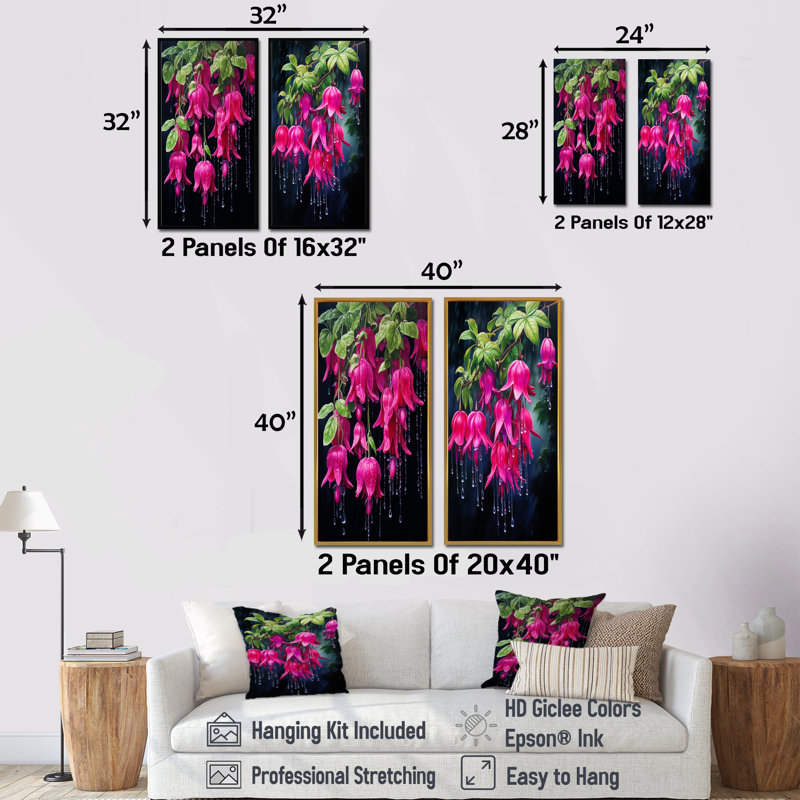 Fleurs fuchsia noir et rose - ensemble d'art mural en toile fuchsia, Cadre blanc, H 32 po x l 33 po