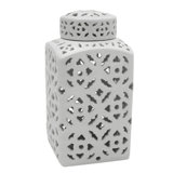 12" Antique White Carved Square Ginger Jar