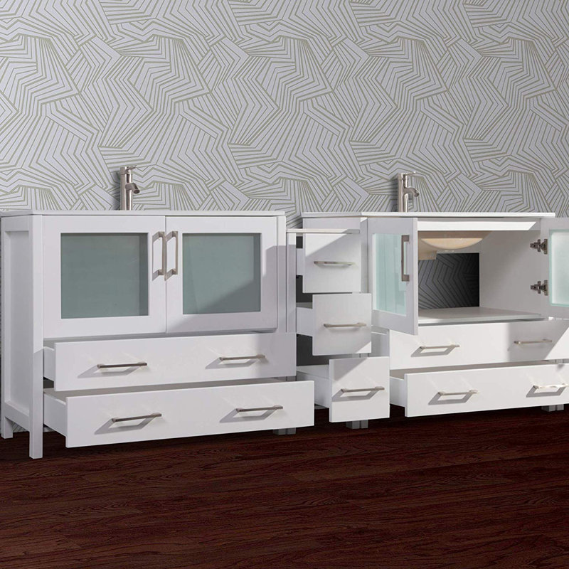 Karson 96'' Double Bathroom Vanity with Ceramic Top with Mirror, White