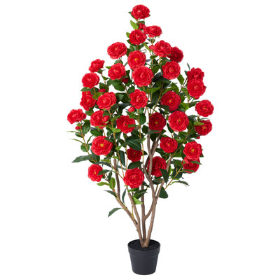 Adcock 4FT Artificial Camellia Tree UV Resistant Faux Camellia Plant Red Camellia Tree in Black Pot