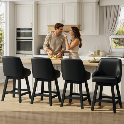Upholstered Faux Leather Counter Height Swivel Bar Stools with Ergonomic Back, Solid Wood Kitchen Island Chairs with Armrest and Footrest, 350 LBS Capacity(Set of 4, Black)