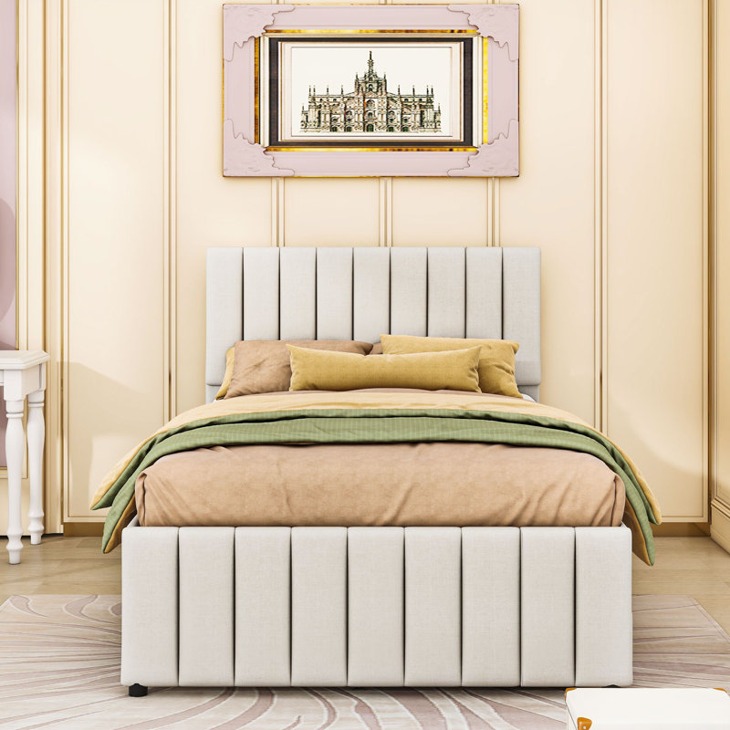 Lit plateforme tapissier avec lit gigogne et tiroirs de rangement, Beige, Double