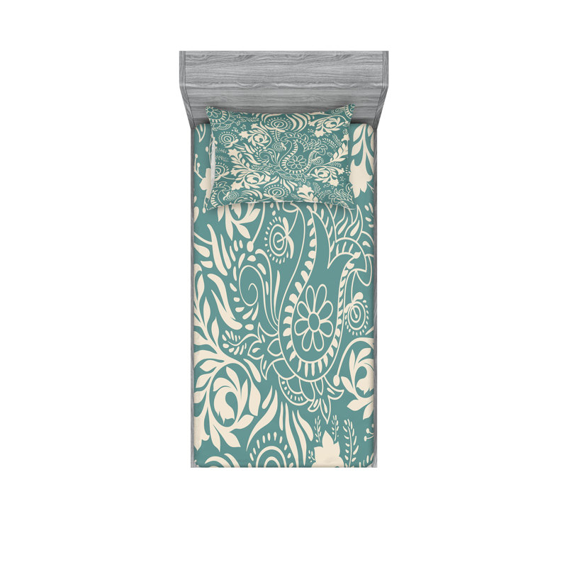 Ensemble de taie décorative à motif floral Ambesonne, bleu sarcelle et beige, Twin Sheet Set with 2 Pillowcases