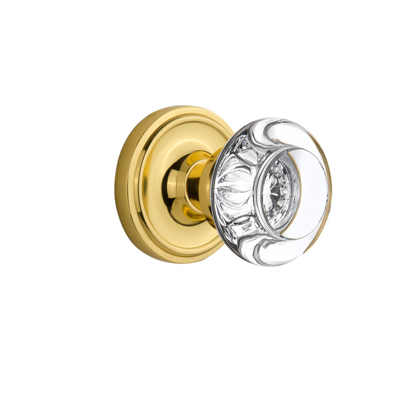 Classic Rosette with Round Clear Crystal Door Knob, Unlacquered Brass, 2.375"