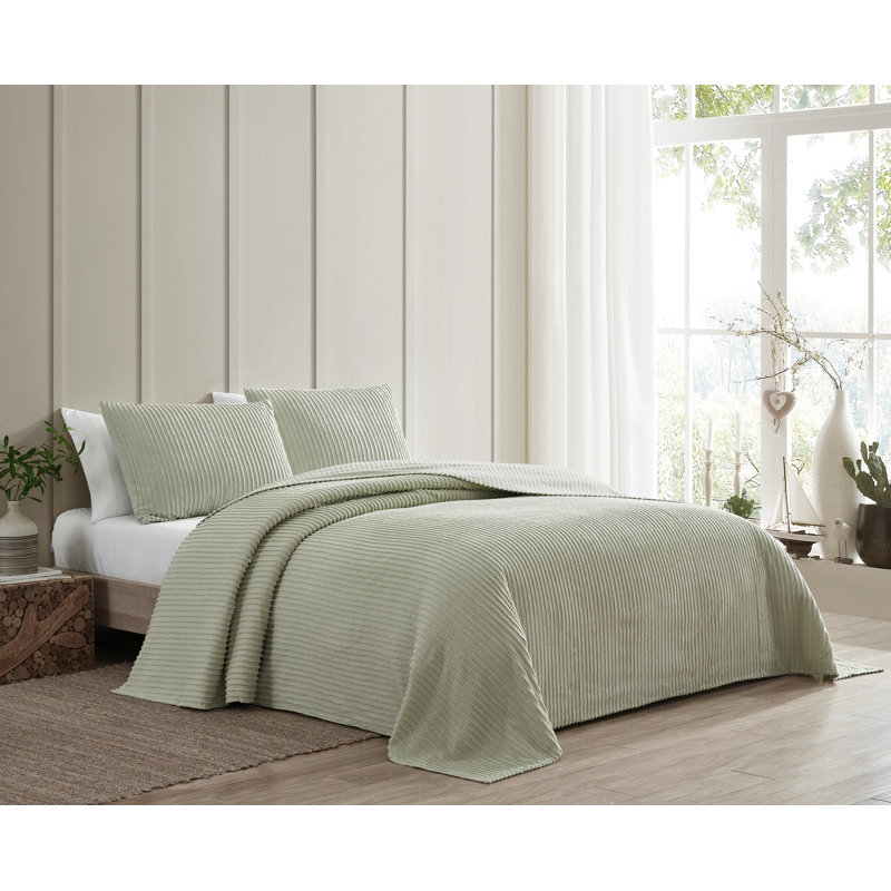 Channel Striped Cotton Coverlet, Full Coverlet, Sage