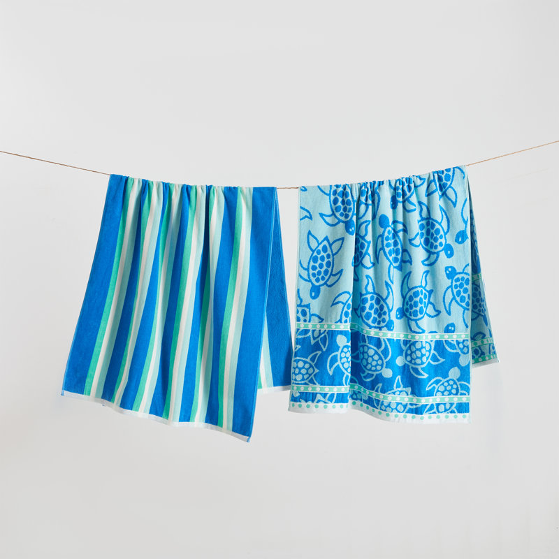 Serviettes de plage 100% jacquard 100% coton, Bleu royal / tortue et rayures bleu sarcelle