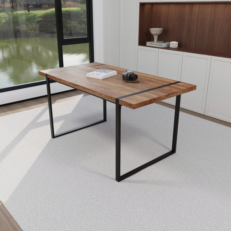 59 " Dining Table Modern Industrial Rectangular MDF Natural Wood , 4-6 People, 1.5" Thick Engineering Wood Tabletop And Black Rectangular Metal Legs, Used For Home & Kitchen