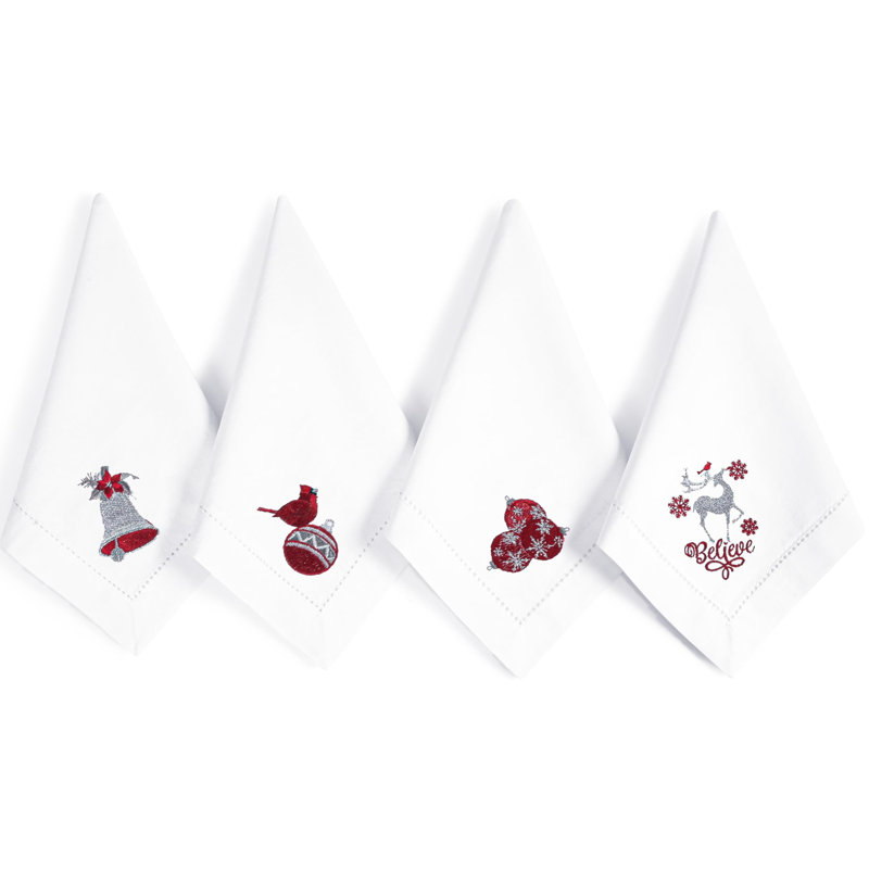 Serviettes en coton brodées en coton, lavables à la machine - 18 x 18 en blanc, vert et rouge