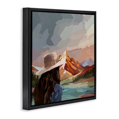 Vibrant Mountain View with Girl Framed Floater Canvas Wall Art, design by Amelia Noyes