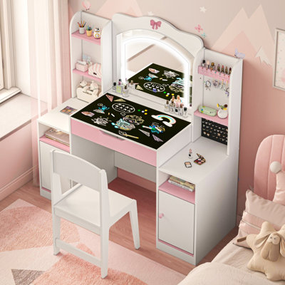 41"W 3-in-1 Kids Vanity Set with Lights, Wooden Toddler Makeup Vanity Desk with Chalkboard & Bookshelf, Princess Vanity Table and Chair Set with Stool, Mirror, Jewelry Storage Cabinet, White for Little Girls