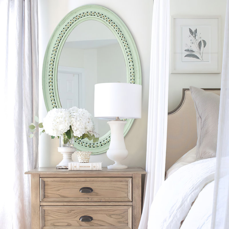 Miroir ovale mural, miroir mural bohème rustique en bois et perles vertes, H 30 po x l 20 po, Vert