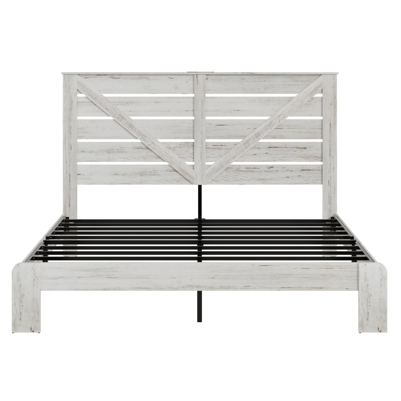 Cadre de lit avec rangement intégré, lit plateforme moderne en bois avec station de recharge, tête de lit blanche avec éclairage, sommier en métal