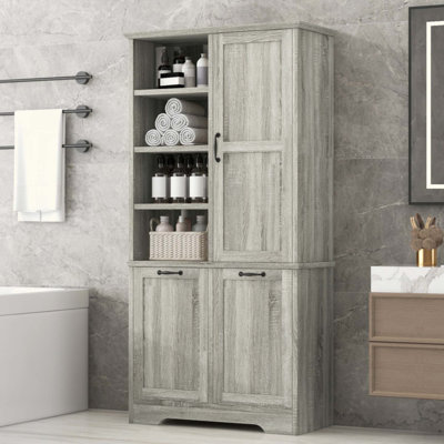 Armoire de rangement pour salle de bain avec portes et tiroirs, panier à linge inclinable, plusieurs espaces de rangement, style autoportant, tablette ouverte, tablette réglable