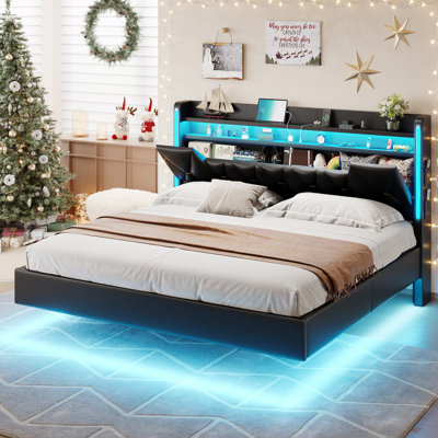 King Size Bed Frame with Storage Headboard, Floating Bed with LED Lights & Charging Station, Platform Bed Frame King Size,No Box Spring Needed,Noise-Free,Easy Assembly, PU Black