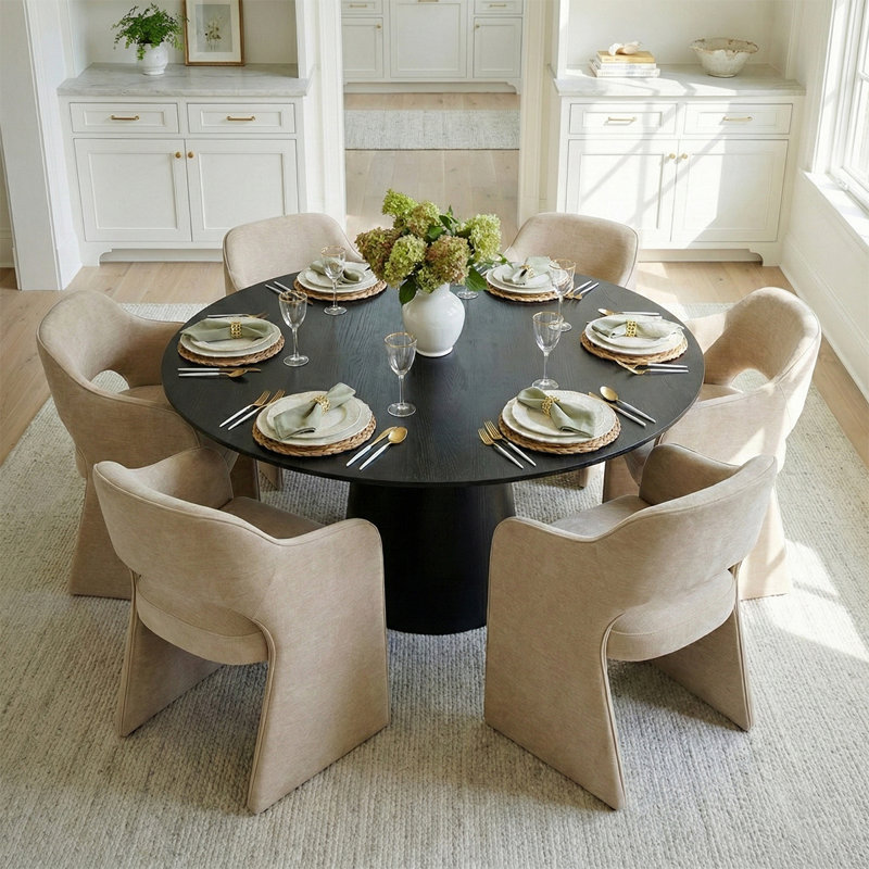 6 - Person Dining Table Sets With Round Table & 6 Upholstered Chenille Chairs, Black, Brie