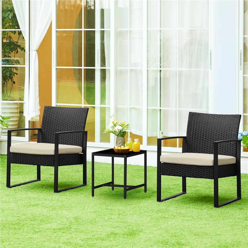 2 Seater Rattan Conversation Set, Black/Beige