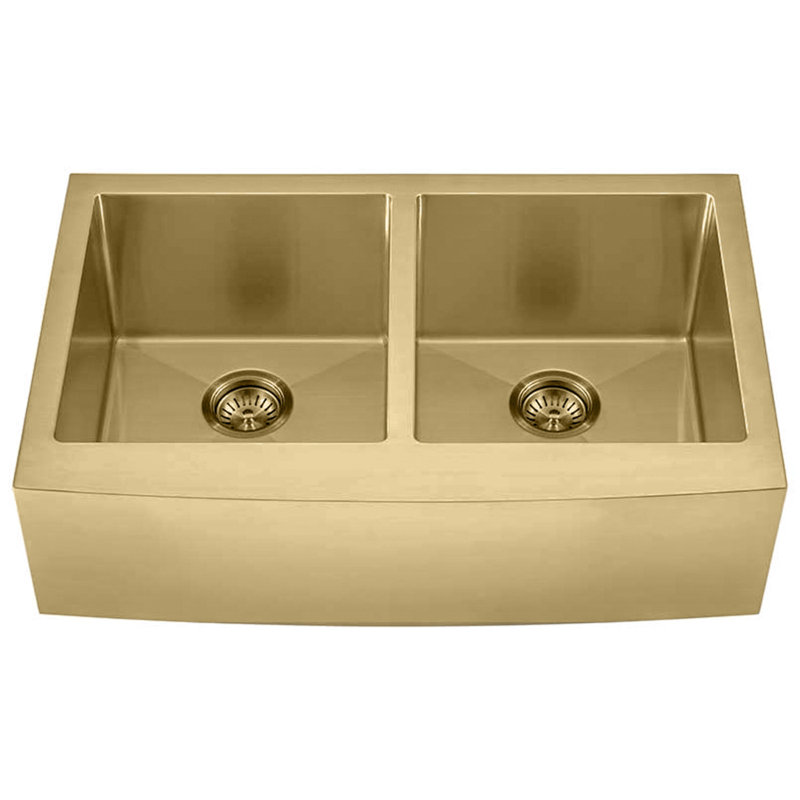 Brushed Brass Gold Farmer Apron Double Bowl Stainless Steel Kitchen Sink 50/50