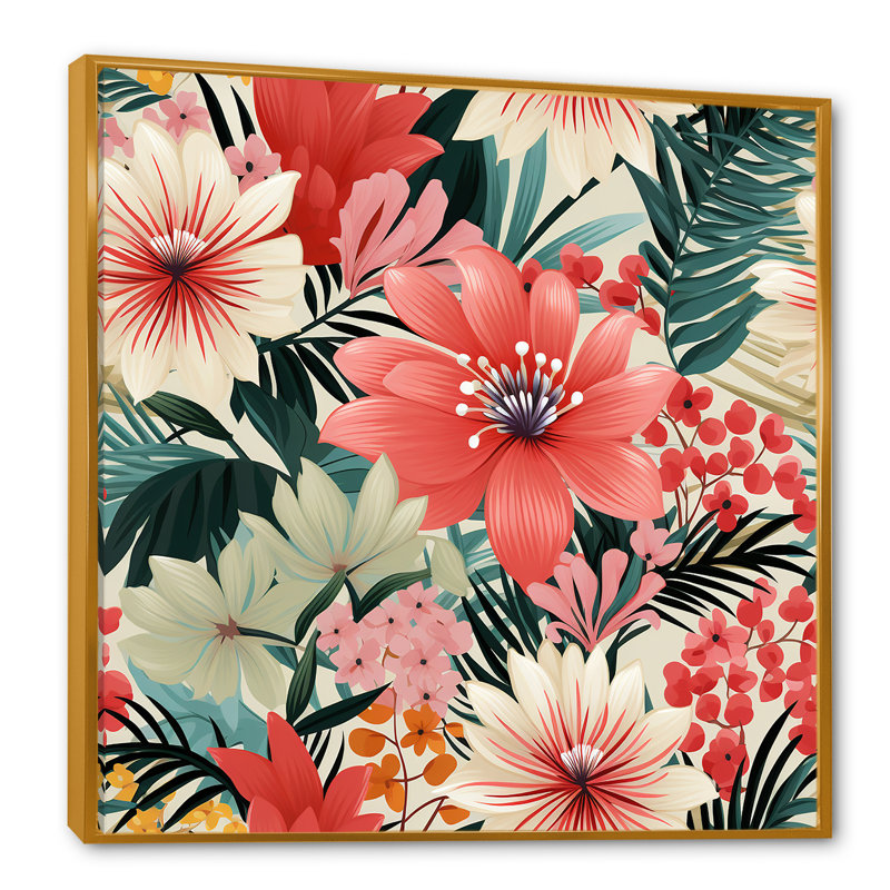Motif floral rose de la jungle tropicale I - Art mural floral, Cadre flottant doré, H 30 po x l 30 po x P 1,5 po